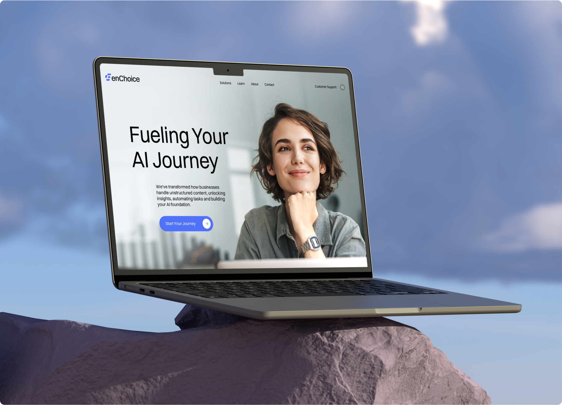 enChoice website displayed on a laptop against a blue background