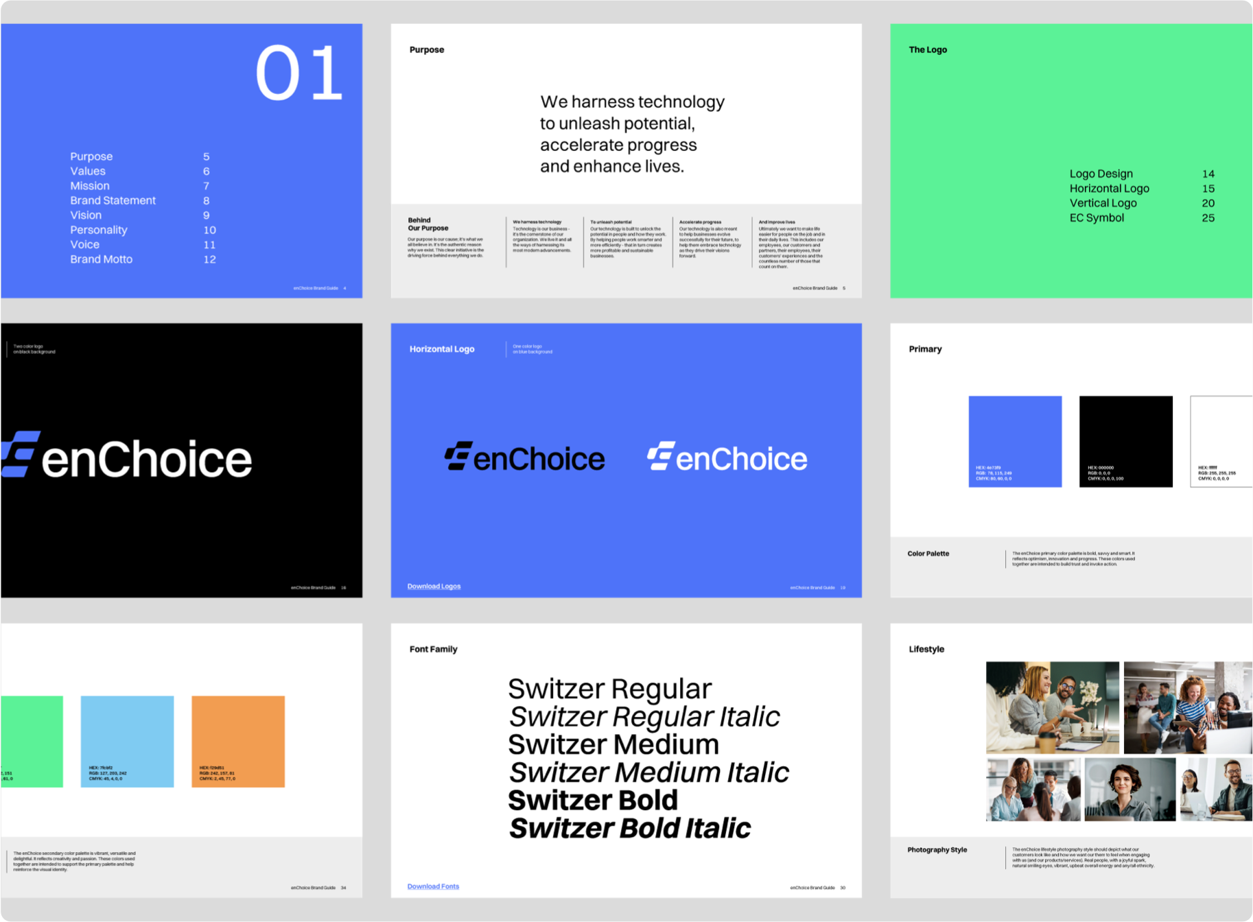 Pages from the enChoice brand guidelines: purpose, logos, colour palette, typography and photography style