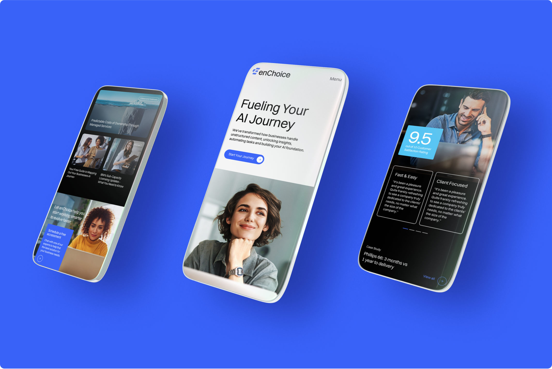 Three phones showing the enChoice mobile website on brand blue