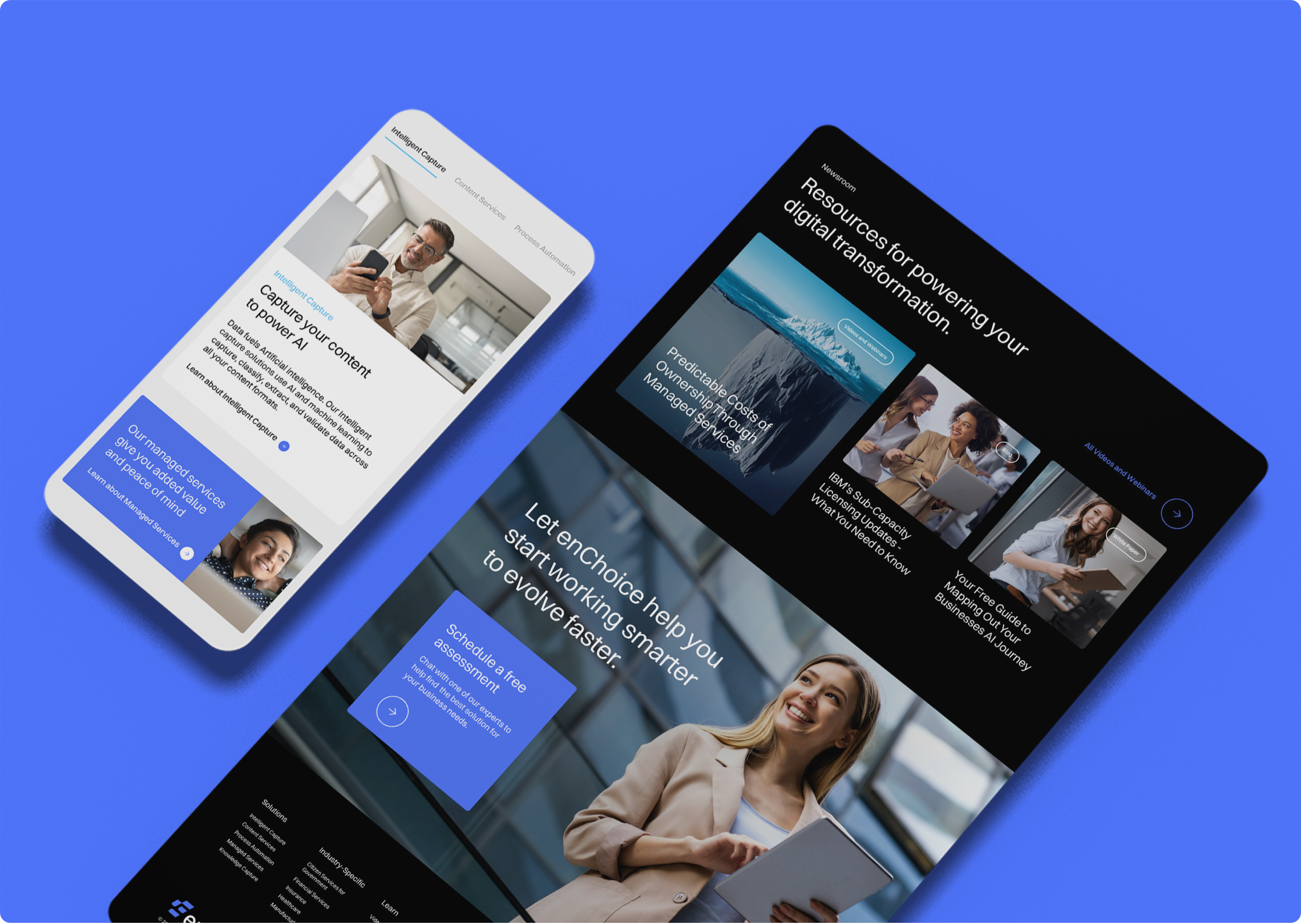 enChoice website pages shown on a phone and a tablet against brand blue